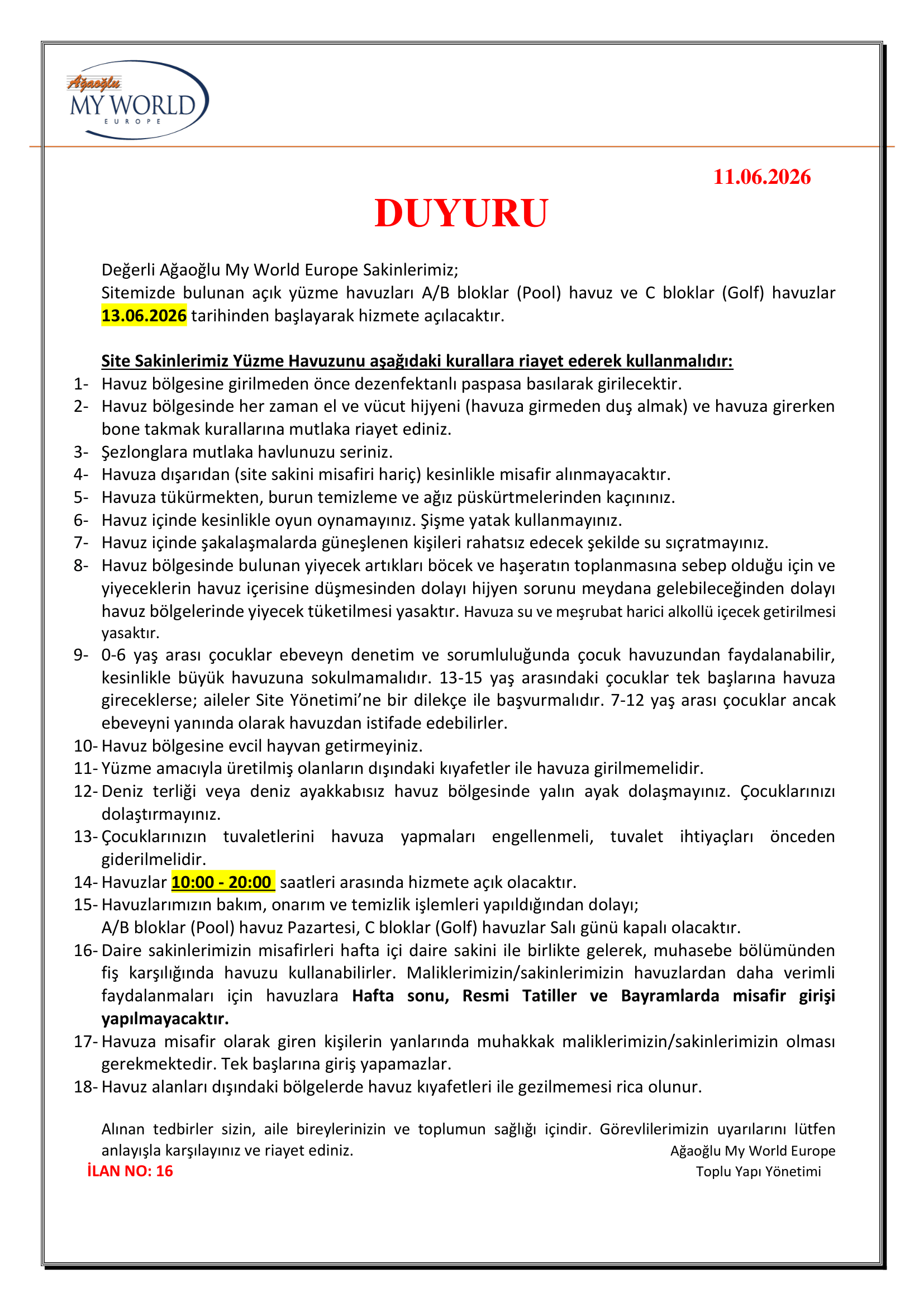 Havuz Kullanımı Hk.